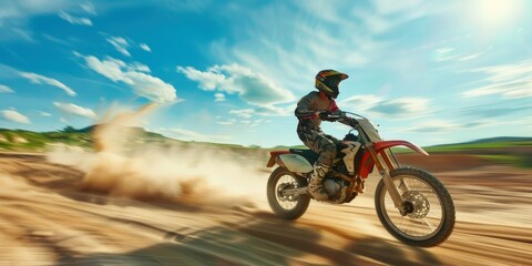 Power, sky mockup, and offroad way motorbike, motorsports, and racing on dunes. Dirt track, sand, and adventure course for fast action, freedom, or rally performance with driver, motorcycle.