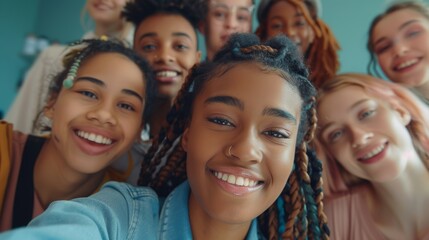 Obraz premium Startup selfies, diversity, or pleasant office team building. Positive leadership portrait in business meeting, motivation, teamwork, or success workshop.