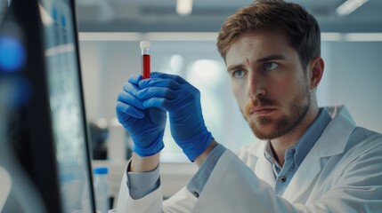 In a lab, an unknown mixed-race medical scientist examines a vial of blood with a computer. In clinic, Hispanic doctor analyzes test tube sample