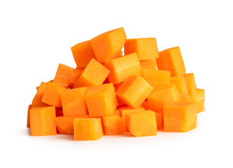Orange carrot in cubes shape in stack isolated on white background with clipping path
