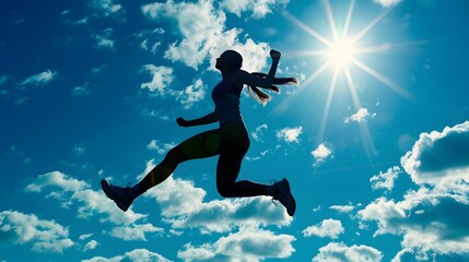 Naklejka premium Silhouetted female winner figure jump against vibrant blue sky with sun. Freedom, inspirational, achievement, ambition concept. Girl athlete sculpture in sports arena, stadium. Sportswoman statuary.