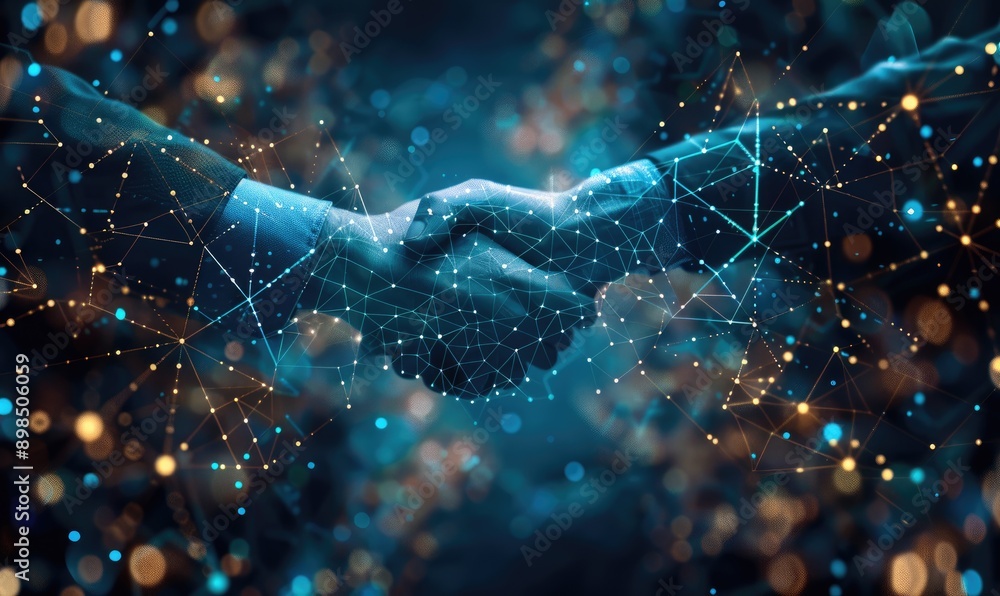 Aufkleber digital handshake with glowing lines connecting two hands against technology background