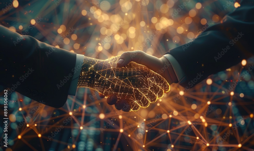 Poster digital handshake with glowing lines connecting two hands against technology background