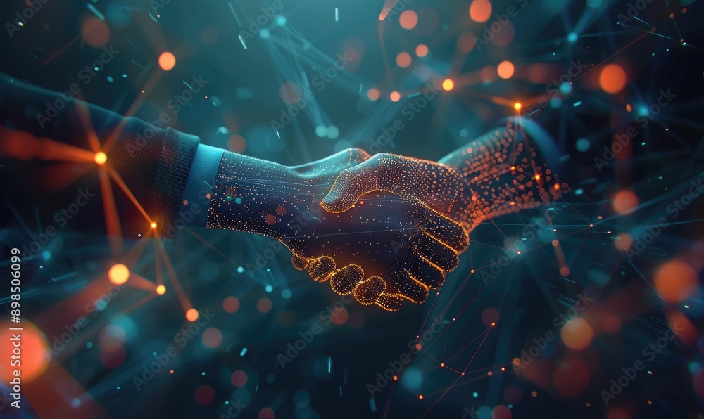 Aufkleber digital handshake with glowing lines connecting two hands against technology background