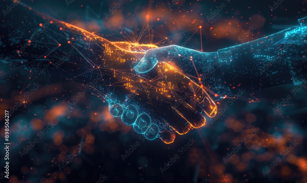 Poster digital handshake with glowing lines connecting two hands against technology background