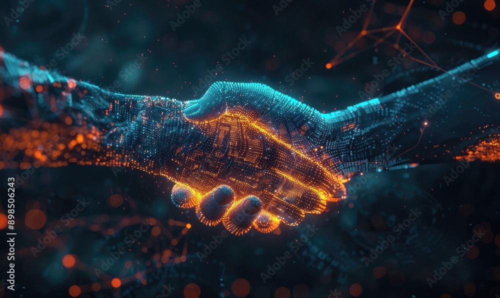 Poster digital handshake with glowing lines connecting two hands against technology background