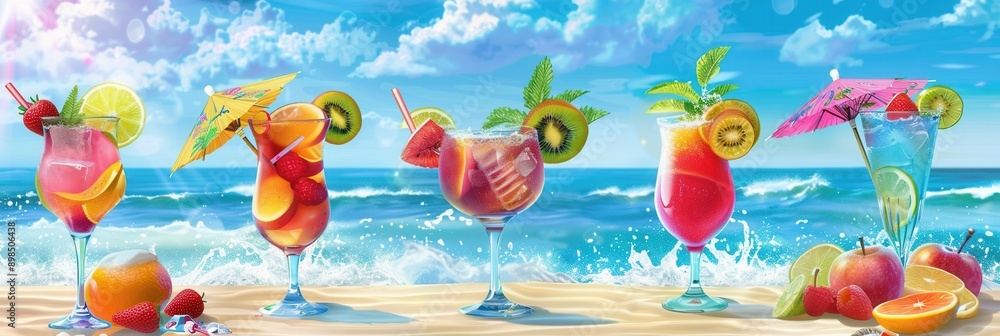 Poster five colorful cocktails adorned with fruit garnishes and umbrellas are arranged on a sandy beach wit