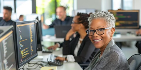 Working with businesspeople in the office as a coder, developer, or IT mentor. Meeting and code review with digital agency staff for it cybersecurity