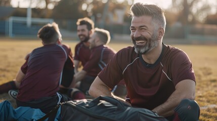 Rugby players planning game strategy in a circle at training. Fitness, huddle, and athletes discussing inspire teamwork and motivation on an outdoor practice field.