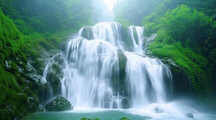 Naklejka premium A serene waterfall cascading over rocks, surrounded by lush greenery and mist, creating a tranquil and peaceful atmosphere.