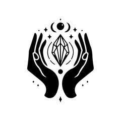 Obraz premium Magic crystal gem with crescent moon and stars in witch hands of fortune teller line art and dot work. Boho chic tattoo, poster or altar veil print design vector illustration