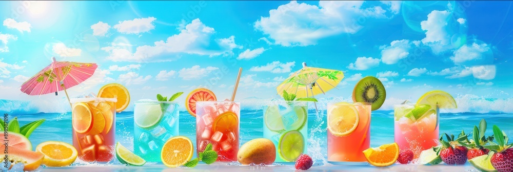 Poster a row of vibrant cocktails decorated with fruit slices and miniature umbrellas, positioned on a whit
