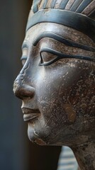 Ancient Egyptian funerary sculpture of a possible queen with distinctive features and traditional headband. Damage adds to solemn ambiance on black background.