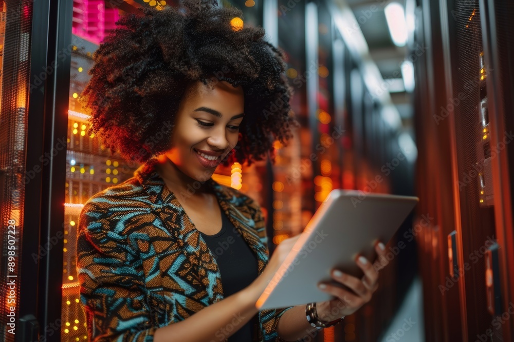 Poster information technology, programming, and black woman checking server with tablet. coding, technology
