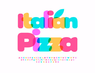 Vector colorful advertisement Italian Pizza. Bright Ceative Font. Artistic Alphabet Letters and Numbers set.