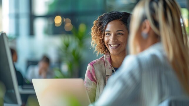 Leadership, email marketing, or digital agency manager tutoring a black woman in startup or group project. Teamwork, laptop or worker assistance, vision or branding direction discussion