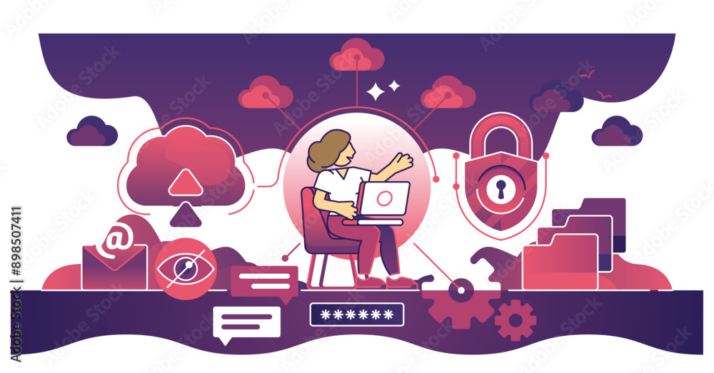 Poster data security and personal file or privacy web protection outline concept, transparent background.cl