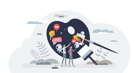 Crafting perfect marketing playbook for company strategy tiny peron concept, transparent background. Planning promotions, ads and social media content.