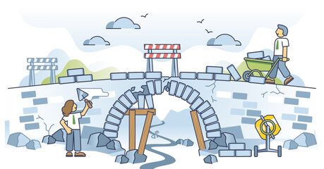 Conflict resolution in corporate world with business fixing outline concept, transparent background. Restore relationship and resolve issues after collaboration break illustration.