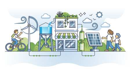 Green energy initiatives as sustainable household power usage outline concept, transparent background. Nature friendly renewable resources for home electricity with storage batteries illustration. © VectorMine