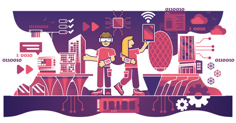 Digital transformation in business with automation tech outline concept, transparent background. Smart technology usage for development and effective robotization illustration.