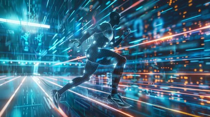 A dynamic 3D model of a human figure in a futuristic city setting, illuminated in pink and blue lights, with digital elements in red and blue colors.