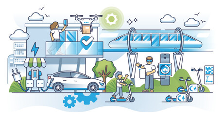 Naklejka premium Age of sustainable transport with effective infrastructure outline concept, transparent background. Smart city with innovative technologies and electric public transportation illustration.