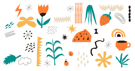 Abstract shapes and hand drawn summer nature art objects illustration, transparent background. Isolated items with different colors and simple line design. Minimal ornaments painting in floral theme.