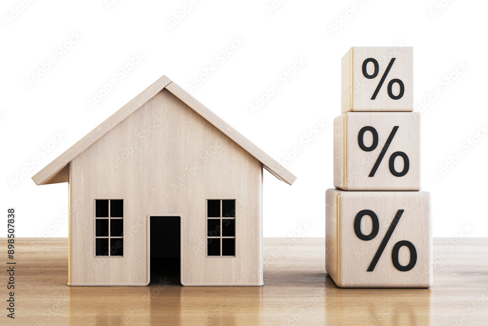 Poster wooden house model and percentage blocks on a white background. 3d rendering