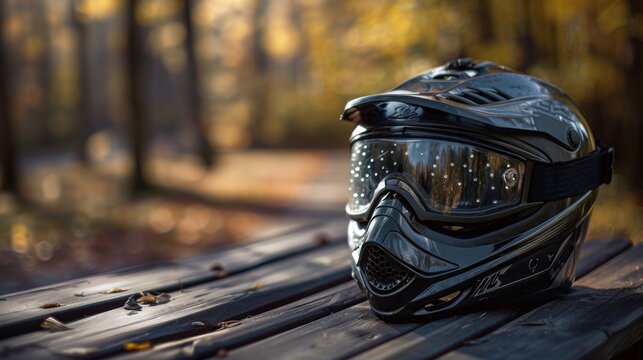 Helmet, paintball, and sports kit on a table for battlefield military training. Survival, training, and mask with combat gear on wood for war simulation