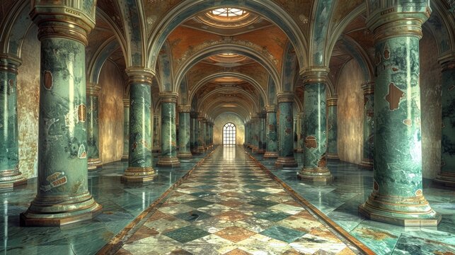 A long hallway with marble pillars and a large archway
