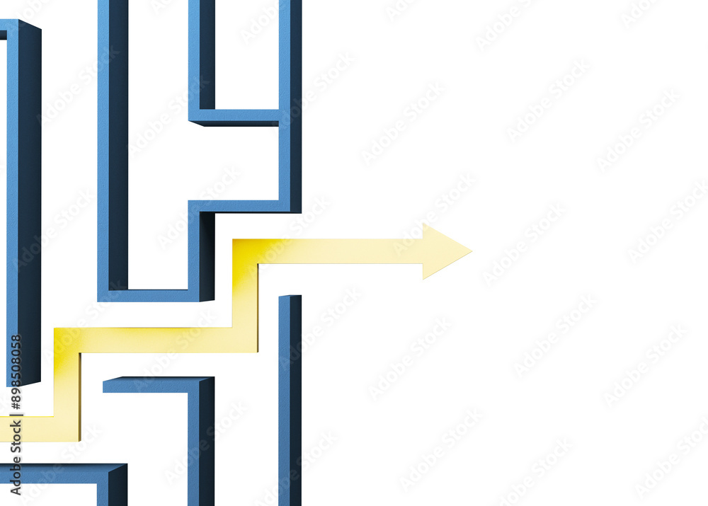 Aufkleber 3D render of a blue maze with a yellow arrow pointing to the right, on a white background. Concept of solution, direction, or finding a way. 3D Rendering.