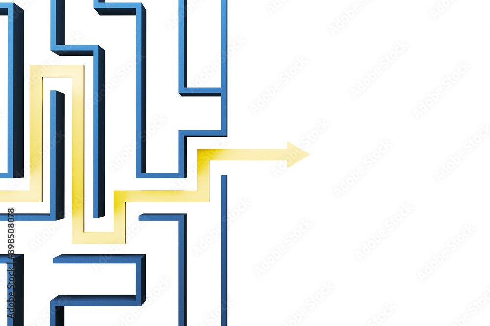 Poster 3D rendering of a blue maze with a yellow highlighted solution path. The background is white, emphasizing the clear path to the exit, symbolizing problem-solving