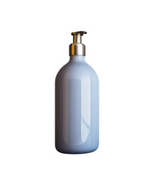 Blue dispenser bottle with a metallic pump shown isolated on a white background. Modern design for product branding and presentation. 3D Rendering