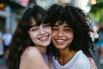 Fototapeta premium Summer vacation friends, affection, and care with hugs in the city. Positive, happy friendship with lively ladies embraces with affection.