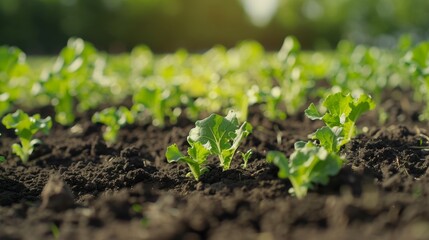 Closeup, lettuce and farming plants for field, sand, and sustained growth. Background, agricultural sustainability, leaf vegetables, and greenhouse ecology