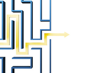 3D rendering of a blue maze with a yellow highlighted solution path. The background is white, emphasizing the clear path to the exit, symbolizing problem-solving