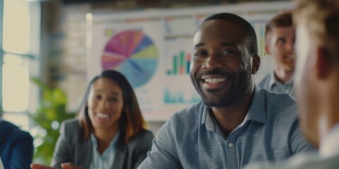 Plan, creative meeting, black man with startup brainstorming, client or b2b contact. Business plan, project development, and idea discussion by happy designer, person, or manager