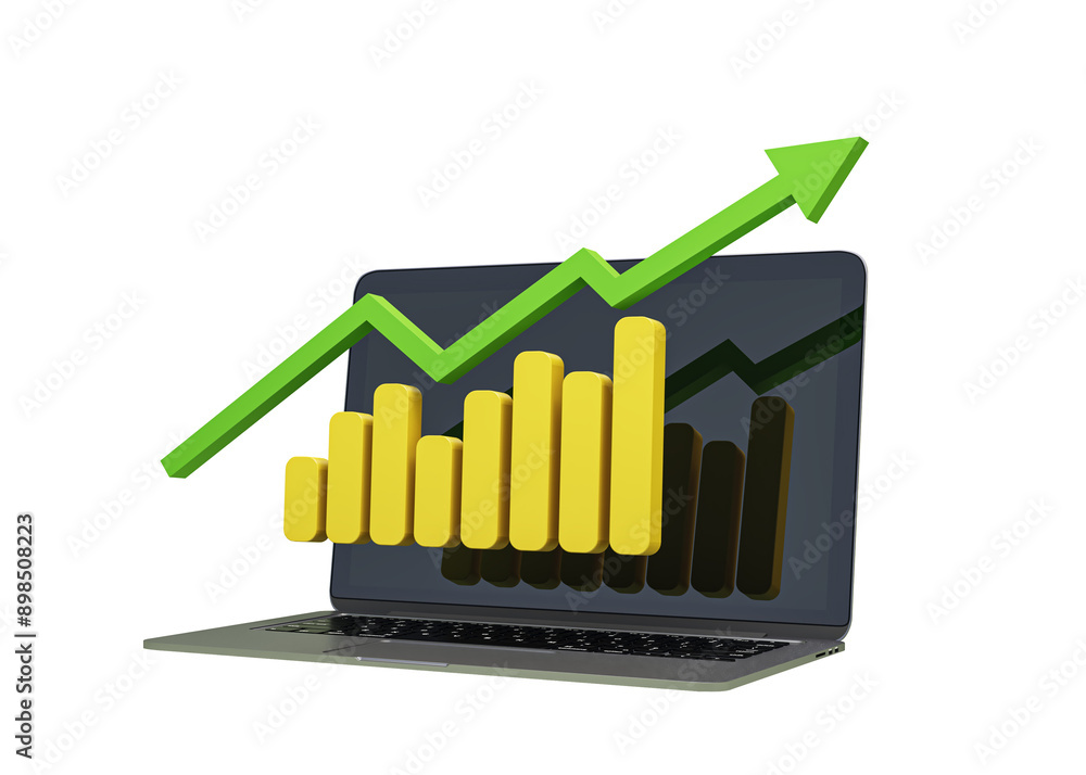 Aufkleber 3D rendering of a laptop displaying a rising yellow bar graph and green line graph. The laptop is isolated on a white background, representing growth and success