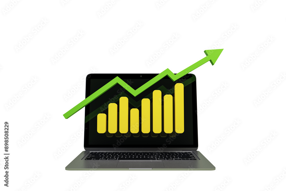 Poster Image of a laptop displaying a yellow bar chart with a green upward arrow. Isolated on a white background. Concept of business growth. 3D Rendering