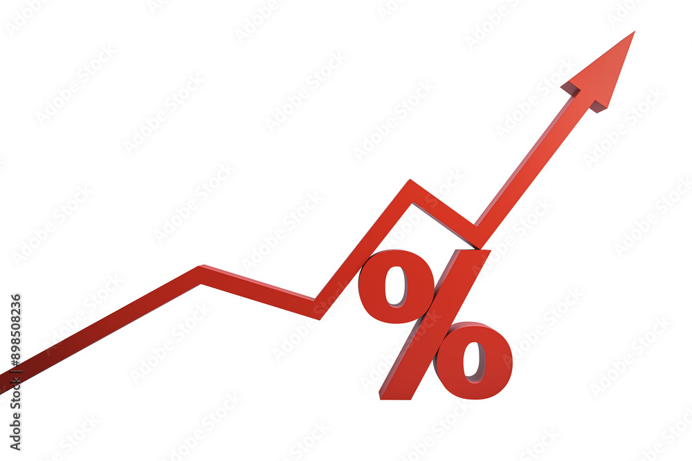Poster Red percentage symbol integrated with an arrow graph pointing upward, isolated on a white background. Concept of growth and increase. 3D Rendering