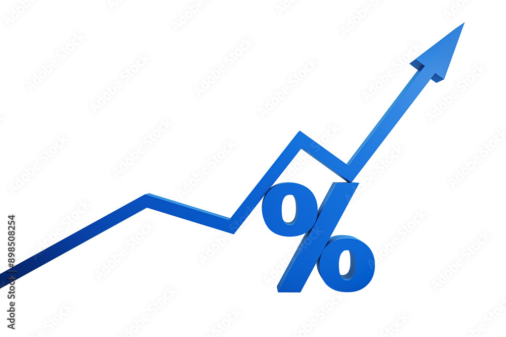 Poster 3d rendering of a blue percentage symbol integrated with an upward trend arrow, isolated on a white 