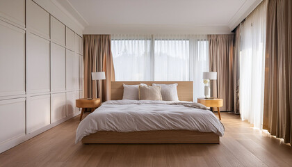Bedroom interior in simple style. Big bed with pillows, wooden floor, window with curtains, lamp and furniture, white wall