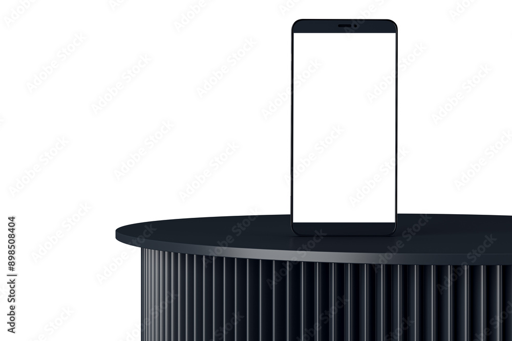 Poster smartphone with a blank screen stands on a dark, ribbed pedestal. the setup is isolated on a white b