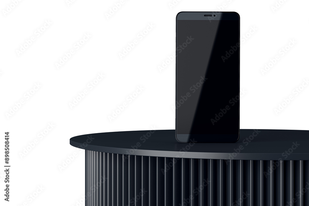 Aufkleber A modern smartphone displayed on a round black podium, isolated against a clean white background. Ideal for technology and branding presentations. 3D Rendering