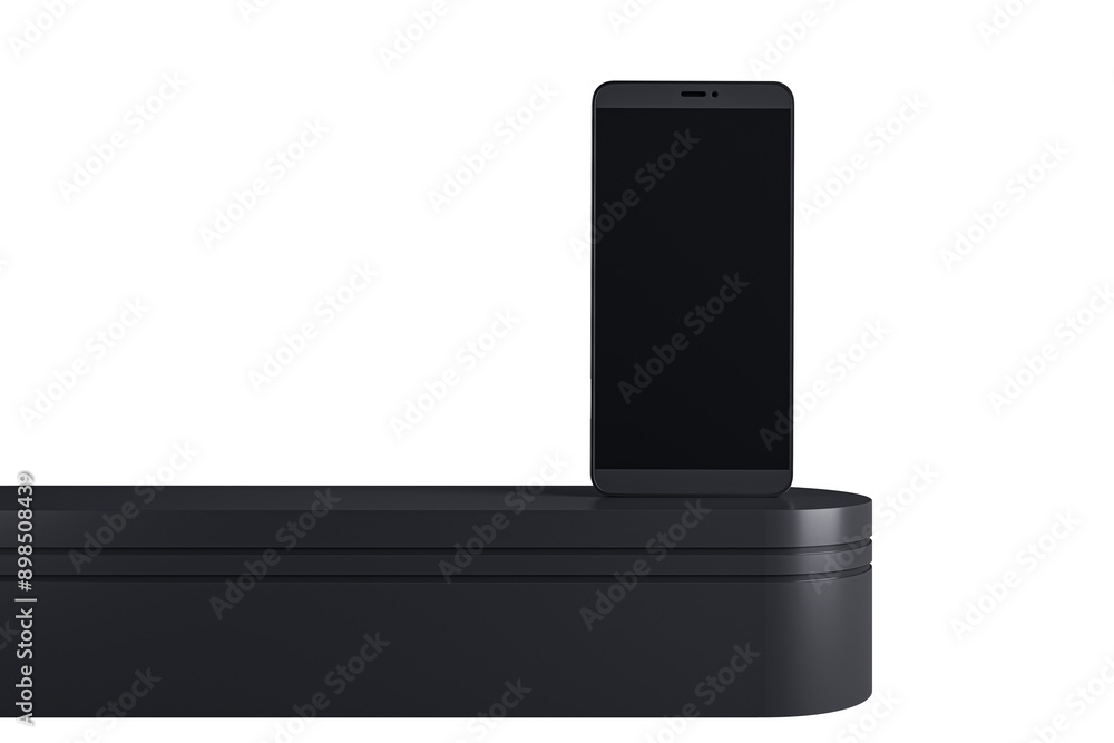 Poster smartphone positioned on a sleek black podium, isolated on a white background. perfect for technolog