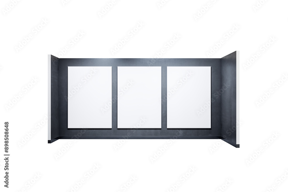 Poster empty exhibition stand with three blank posters on a white background. clean and minimalist design, 