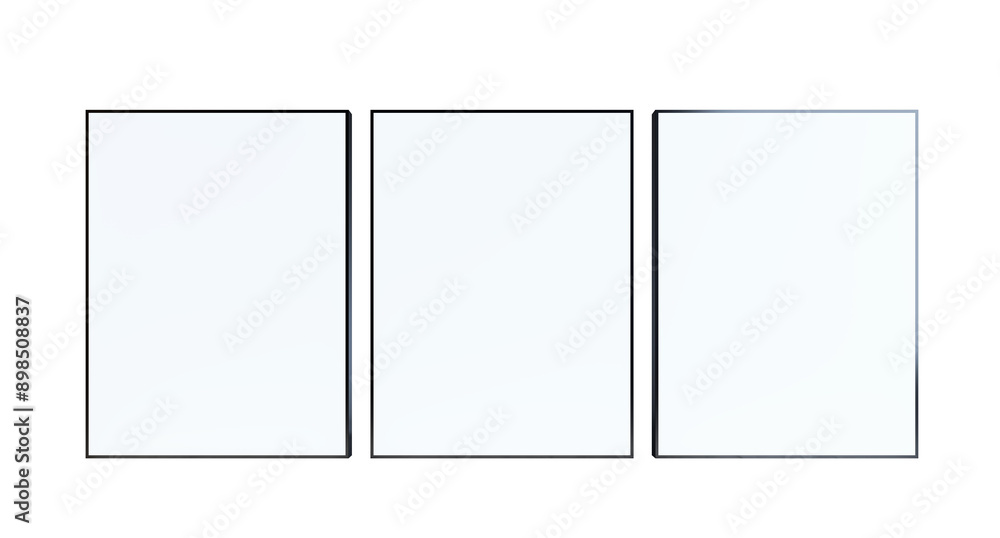 Poster Three blank posters with black frames are displayed on a clean white background. The empty frames are arranged side by side, ideal for mockups or branding templates. 3D Rendering