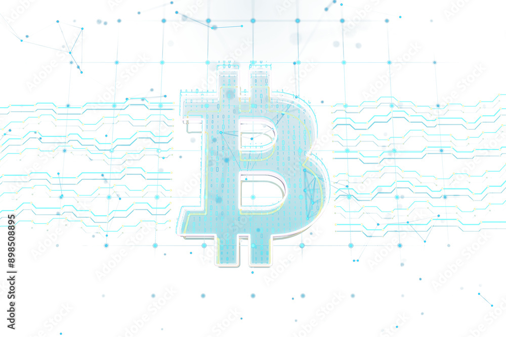 Poster The image showcases a digital Bitcoin symbol featuring blue binary code, surrounded by a network of connected lines and dots on a white background. Concept of cryptocurrency and blockchain. 3D Renderi