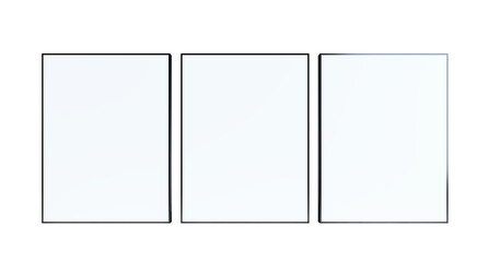 Three blank posters with black frames are displayed on a clean white background. The empty frames are arranged side by side, ideal for mockups or branding templates. 3D Rendering